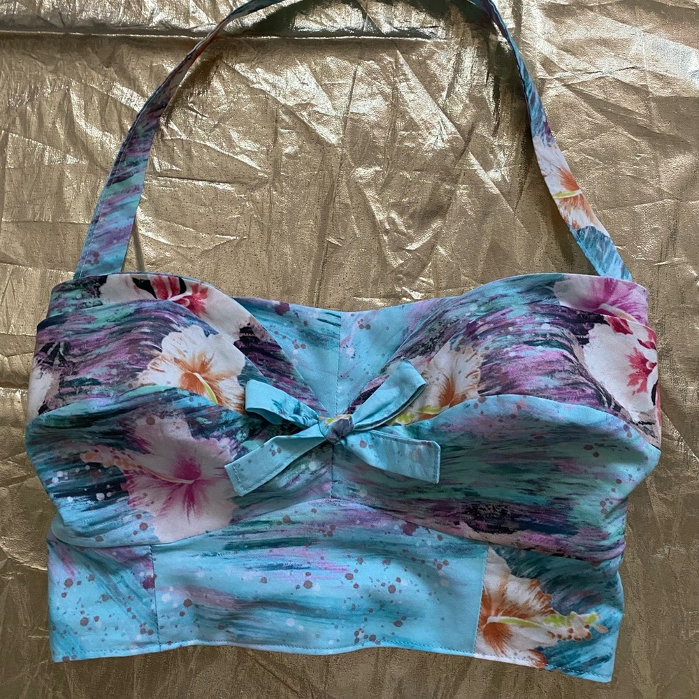 Blue Bustier Tie Front Tank Top